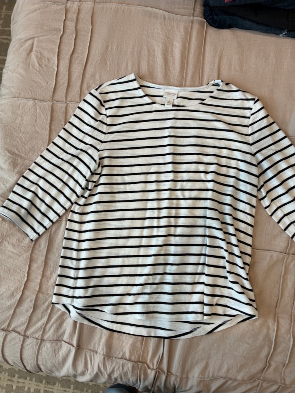 Chico's Black and White Striped Boatneck Three-Quarter Sleeve Top